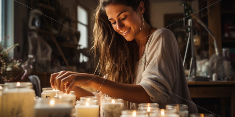 Woman making scented candles at home hobby - Starpik Stock