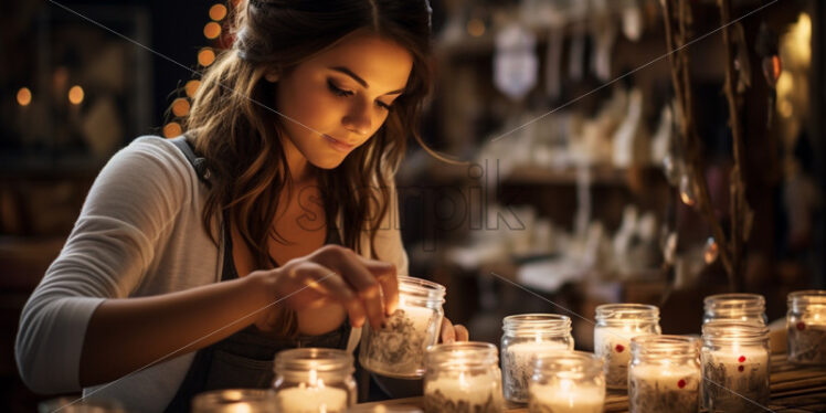 Woman making scented candles at home hobby - Starpik Stock