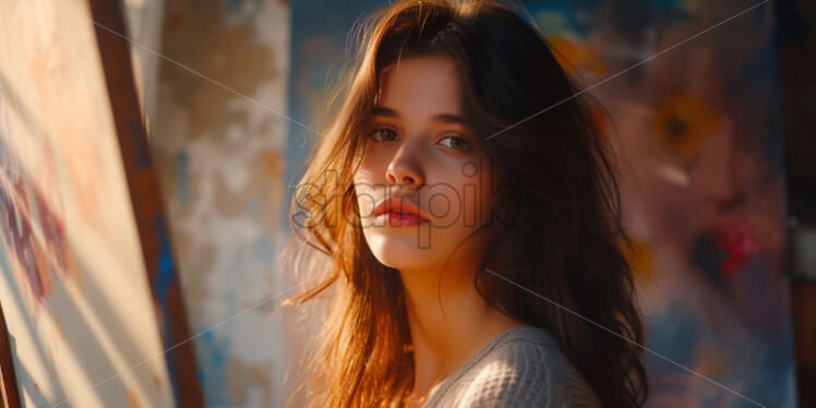 Woman painting on canvas in sunlit studio - Starpik Stock