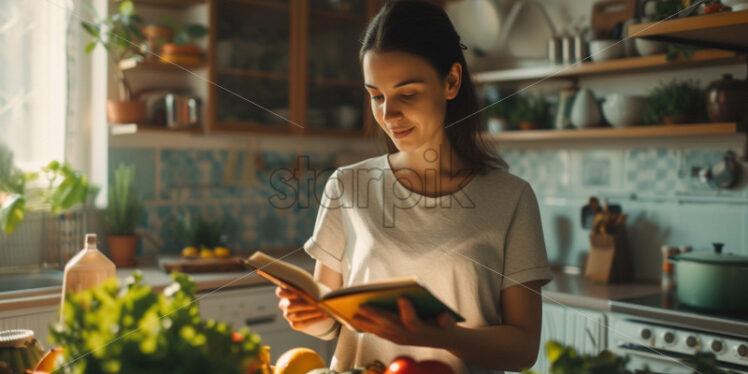 Woman reading nutritional book at kitchen table - Starpik Stock