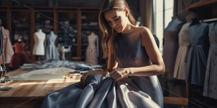 Woman sewing a nice dress at an atelier workshop factory - Starpik Stock