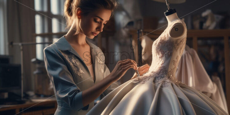 Woman sewing a nice dress at an atelier workshop factory - Starpik Stock