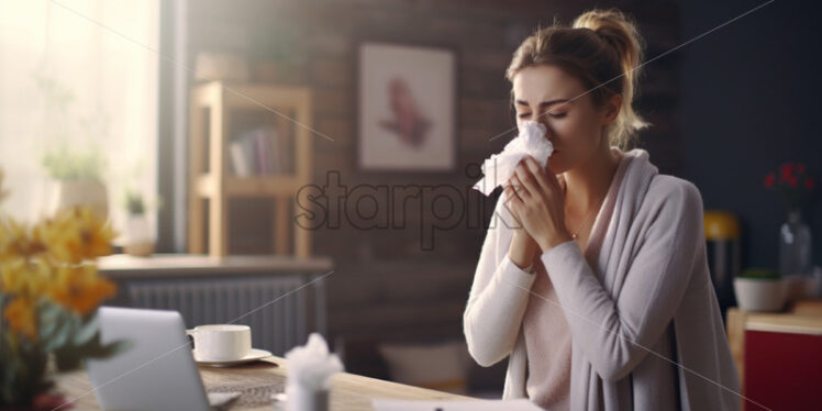 Woman sneezing allergy season or flu, sick at home - Starpik Stock