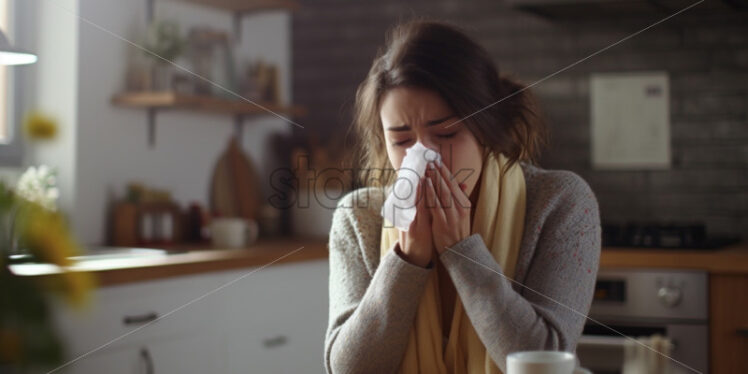 Woman sneezing allergy season or flu, sick at home - Starpik Stock