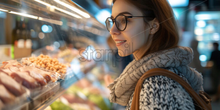 Young woman choosing lean protein at deli counter - Starpik Stock