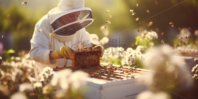 man working with bee hive natural honey farming - Starpik Stock