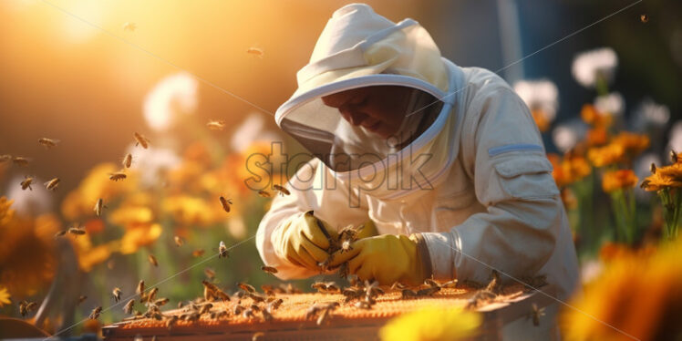 man working with bee hive natural honey farming - Starpik Stock