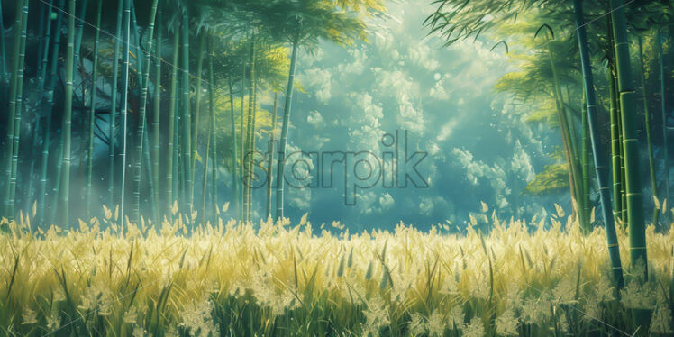 A bamboo forest next to a field of tall grass - Starpik Stock