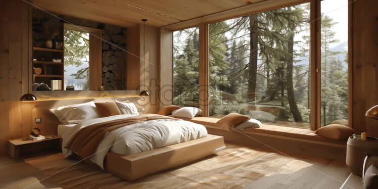 A bedroom with a view of a forest - Starpik Stock