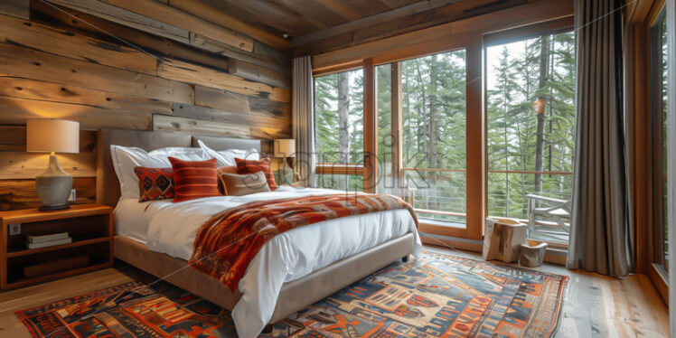 A bedroom with a view of a forest - Starpik Stock