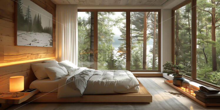 A bedroom with a view of a forest - Starpik Stock