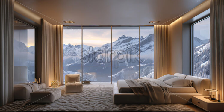 A bedroom with a view of a snowy mountain - Starpik Stock