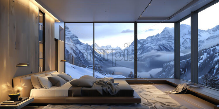 A bedroom with a view of a snowy mountain - Starpik Stock