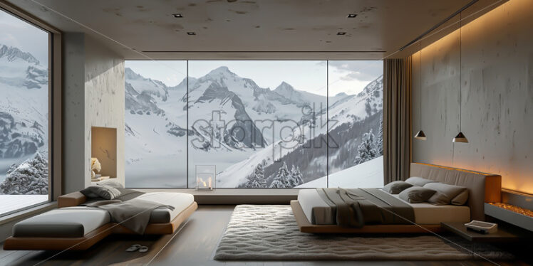 A bedroom with a view of a snowy mountain - Starpik Stock