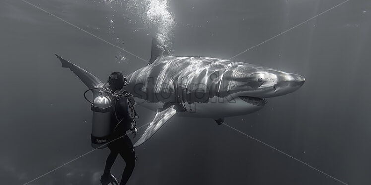 A diver face to face with a huge shark - Starpik Stock