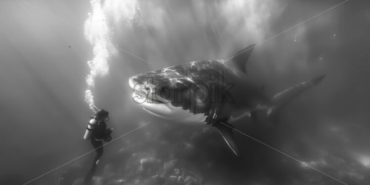 A diver face to face with a huge shark - Starpik Stock