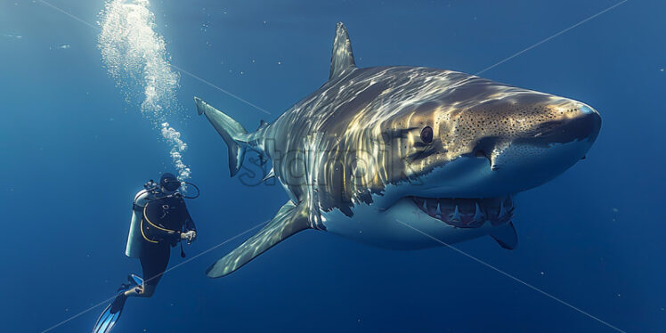 A diver face to face with a huge shark - Starpik Stock