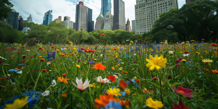 A field with flowers in the middle of a city - Starpik Stock