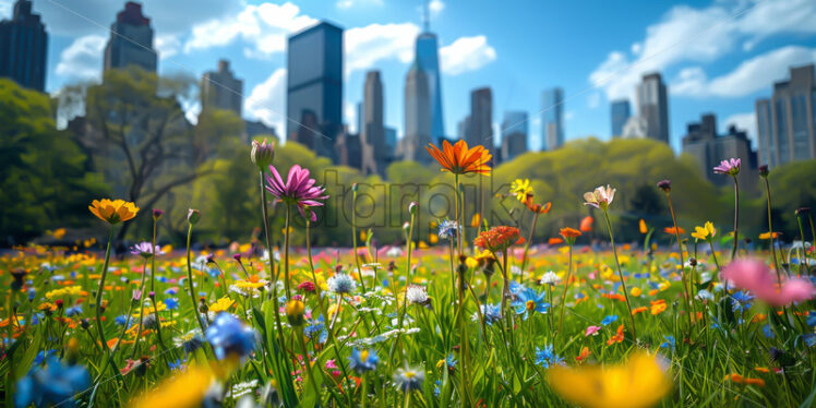 A field with flowers in the middle of a city - Starpik Stock