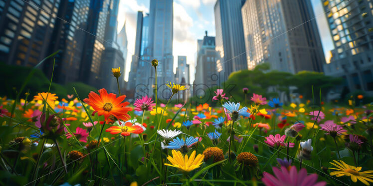 A field with flowers in the middle of a city - Starpik Stock