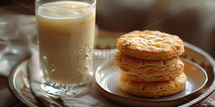 A glass of milk with biscuits on a table - Starpik Stock