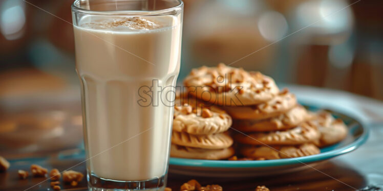 A glass of milk with biscuits on a table - Starpik Stock