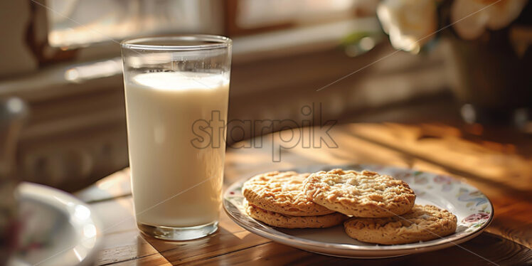 A glass of milk with biscuits on a table - Starpik Stock