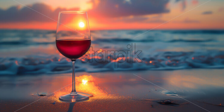 A glass of red wine on a beach - Starpik Stock