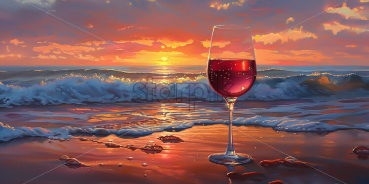 A glass of red wine on a beach - Starpik Stock