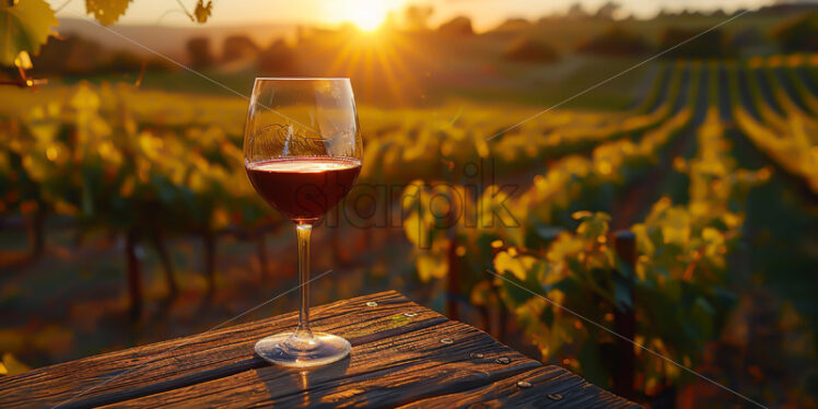 A glass of red wine on the background of a vineyard - Starpik Stock