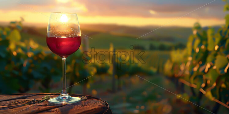 A glass of red wine on the background of a vineyard - Starpik Stock