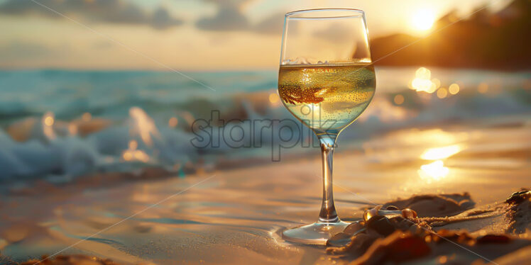 A glass of white wine on a beach - Starpik Stock