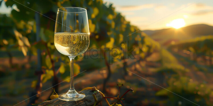 A glass of white wine on the background of a vineyard - Starpik Stock