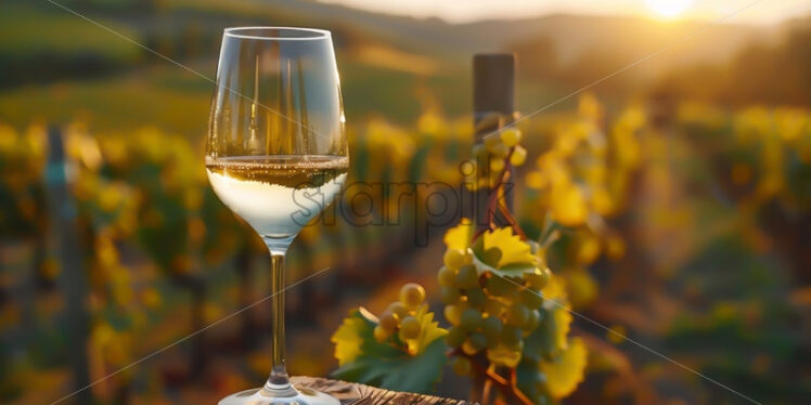 A glass of white wine on the background of a vineyard - Starpik Stock