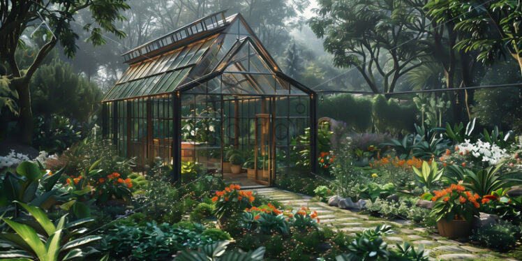 A greenhouse with plants in the garden - Starpik Stock