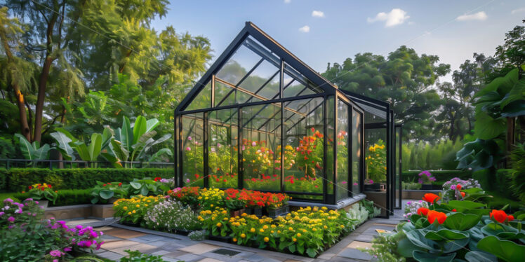 A greenhouse with plants in the garden - Starpik Stock