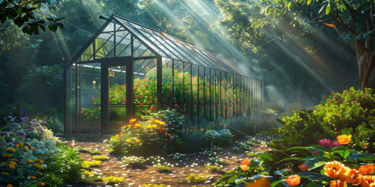 A greenhouse with plants in the garden - Starpik Stock