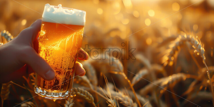 A hand holds a pint of beer against the background of a field - Starpik Stock