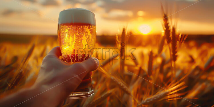 A hand holds a pint of beer against the background of a field - Starpik Stock