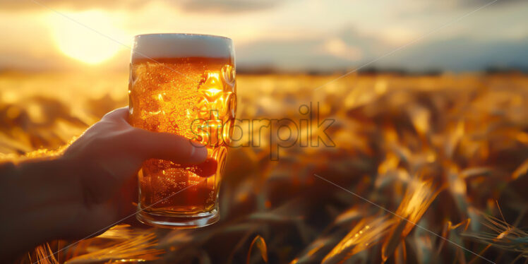 A hand holds a pint of beer against the background of a field - Starpik Stock