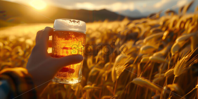 A hand holds a pint of beer against the background of a field - Starpik Stock