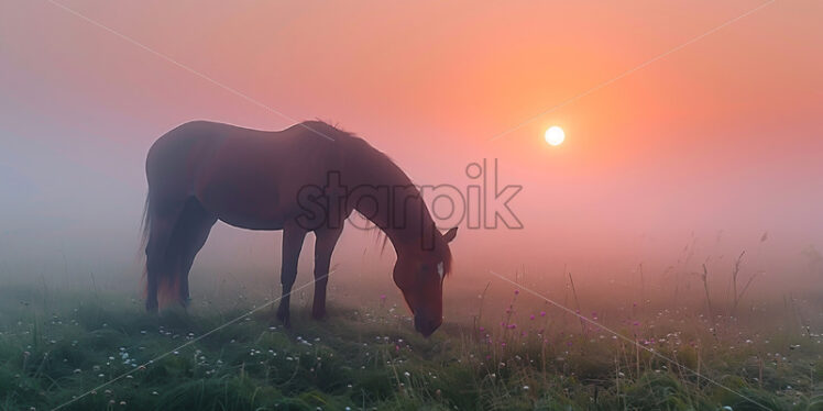 A horse grazing on a field early in the morning - Starpik Stock