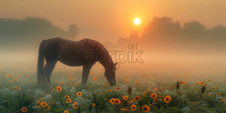 A horse grazing on a field early in the morning - Starpik Stock