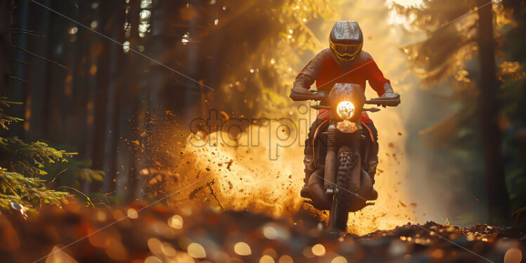 A motorcyclist sportsman through the autumn forest - Starpik Stock