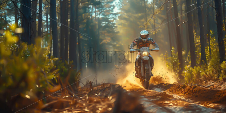 A motorcyclist sportsman through the autumn forest - Starpik Stock