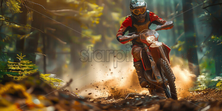 A motorcyclist sportsman through the autumn forest - Starpik Stock