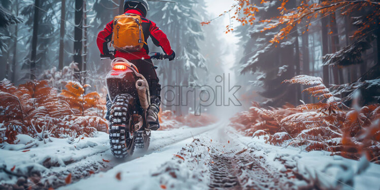 A motorcyclist sportsman through the forest in winter - Starpik Stock