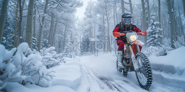 A motorcyclist sportsman through the forest in winter - Starpik Stock