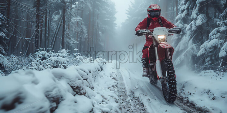 A motorcyclist sportsman through the forest in winter - Starpik Stock