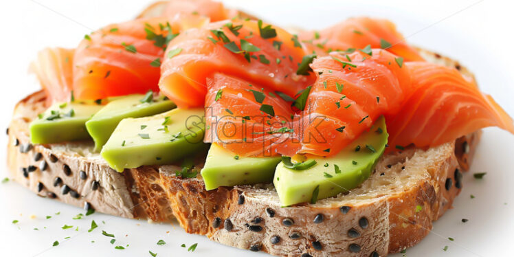 A slice of bread with avocado and salmon - Starpik Stock